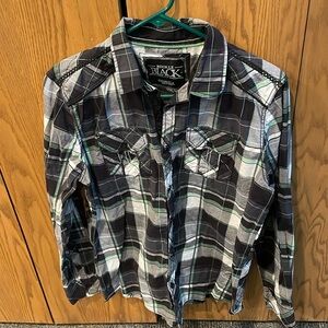 Buckle Black Black and Green Plaid Small Standard Fit Button Up Shirt